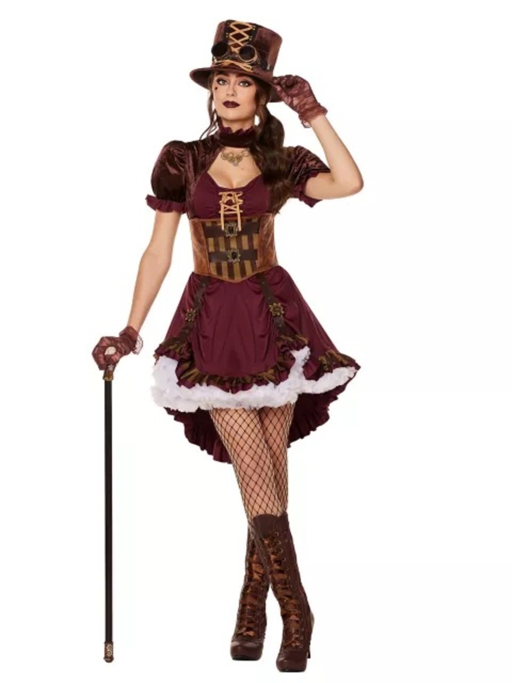Steampunk Burgundy Costume with Corset and Top Hat